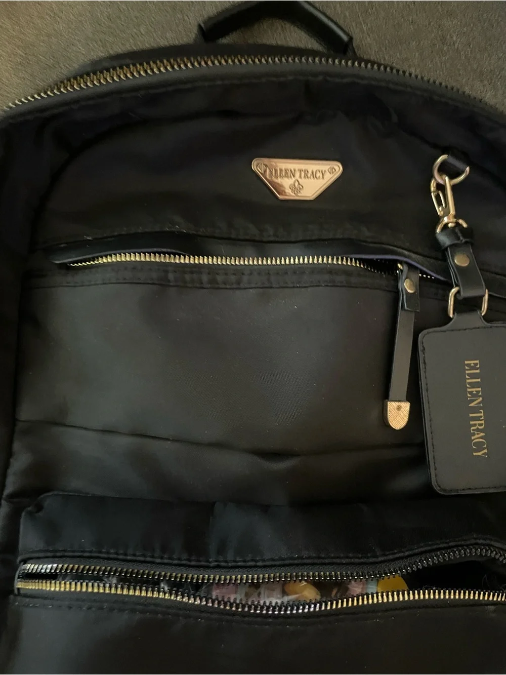 Ellen Tracy Black Nylon Backpack with Gold Accents